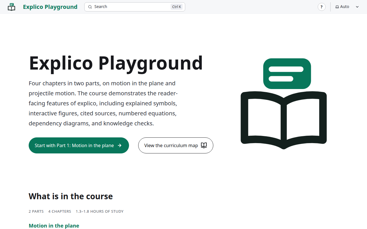 The playground's home page: four chapters on motion in the plane and projectile motion