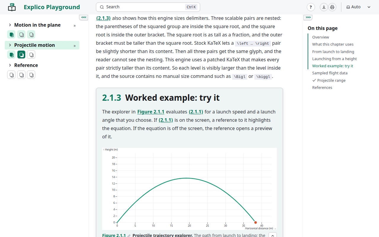 The projectile trajectory explorer: sliders for launch speed and angle, the computed range, and the plotted arc