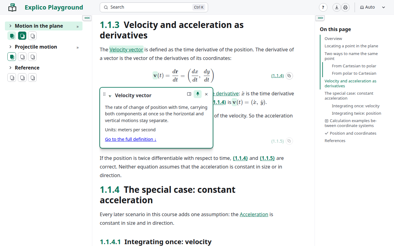 A lesson on velocity and acceleration, with the explanation card of the velocity symbol pinned open
